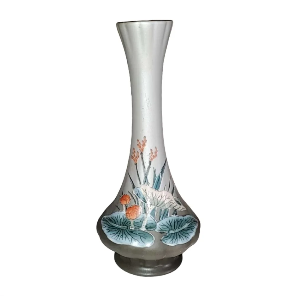 TOYO Vintage Hand Painted Oriental Ceramic Flower Bud Vase Gray Pink Green